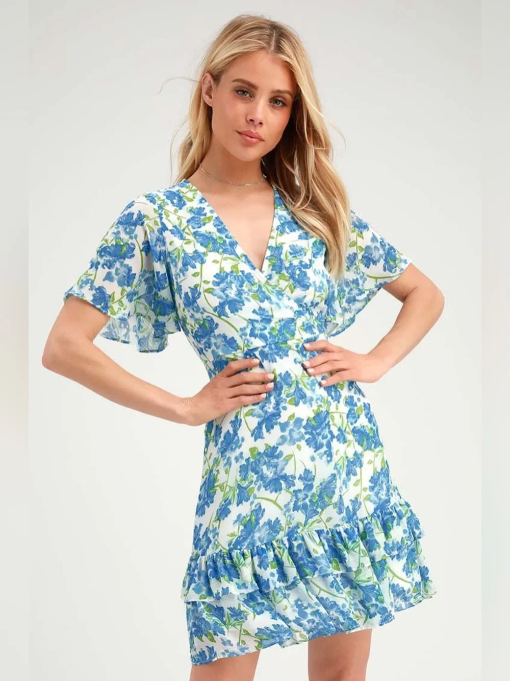 Lulus Glorious White and Light Blue Floral Print Ruffled Mini Dress 💐🩵🌿 - Picture 2 of 11